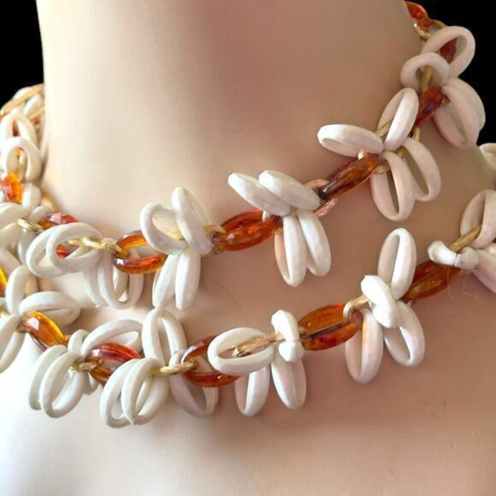 30” Lucite Chain Necklace in White and Warm Brown Tortoiseshell Vintage 1960’s